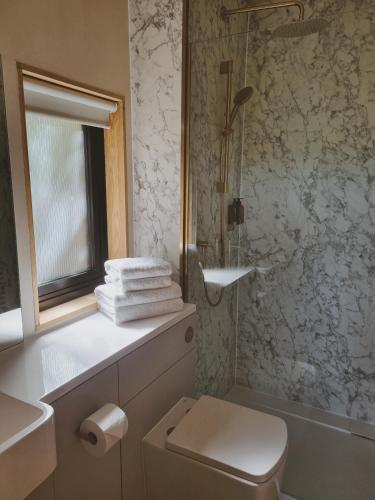 a bathroom with a shower and a toilet and a window at The Lodge, Burniston in Scarborough