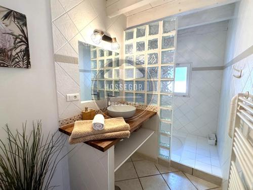 une salle de bain avec un lavabo et un miroir dans l'établissement VILLA with POOL, GOLF SEIGNOSSE, BEACHES, à Seignosse