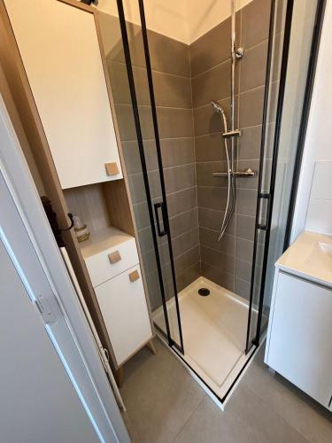 une douche avec une porte vitrée dans une salle de bain dans l'établissement Studio cosy avec exterieur, à La Celle-sous-Gouzon