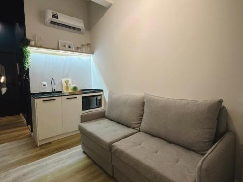 a living room with a couch and a kitchen at Apê Santos Praia do Gonzaga in Santos