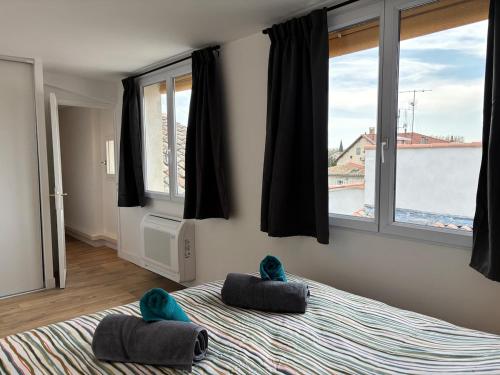- une chambre dotée d'un lit avec 2 oreillers d'animal dans l'établissement Air-conditioned apartment, à Avignon