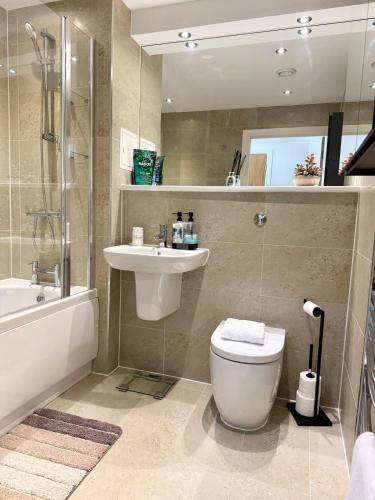 a bathroom with a toilet and a sink and a shower at Luxury Waterfront Apartment With Panoramic View in Cardiff