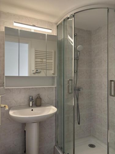 une salle de bain avec un lavabo et une douche en verre dans l'établissement Air-conditioned apartment, à Avignon