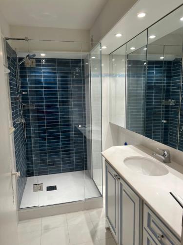 une salle de bain avec une douche, un lavabo et un miroir dans l'établissement BELLEVUE HÉRACLÉE, à Saint-Tropez