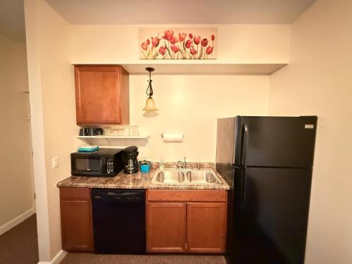a kitchen with a black refrigerator and a sink at Lake Huron Lodge in Lexington