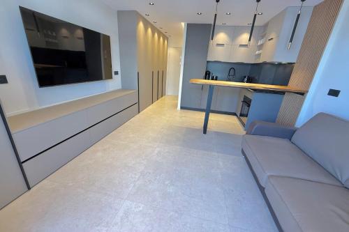 - un salon avec un canapé et un comptoir dans l'établissement Juan les Pins - Apartment for 2 people - Wifi & Parking, à Juan-les-Pins