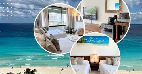 a collage of images of a room with the beach at Luna, 2 Beds en la mejor ubicación de Cancún in Cancún