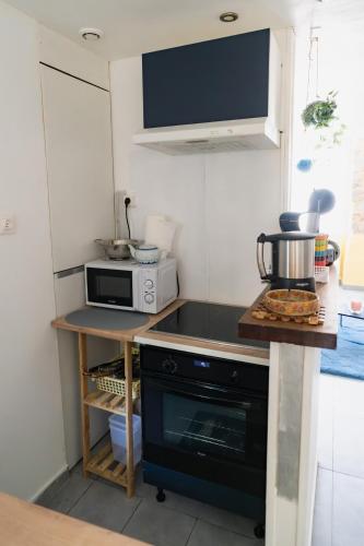 a small kitchen with a stove and a microwave at Charme ancien à 200M Château in Nemours
