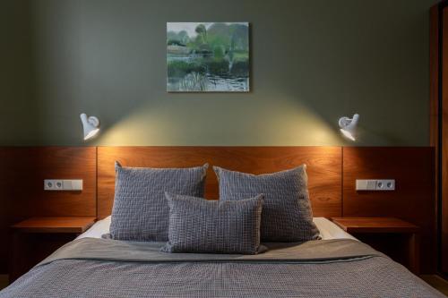 a bedroom with a bed with two lights on it at Roze Brīvzemnieka Apartments in Liepāja