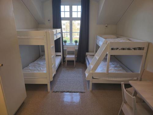two bunk beds in a room with a window at Ronneby Brunnspark Vandrarhem och B&B in Ronneby