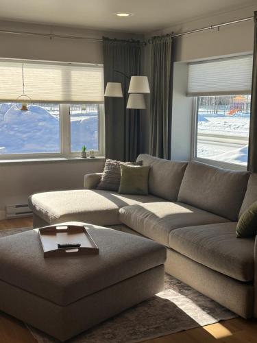 a living room with a couch and a table at DWELL in Alaska Apartment h in Fairbanks