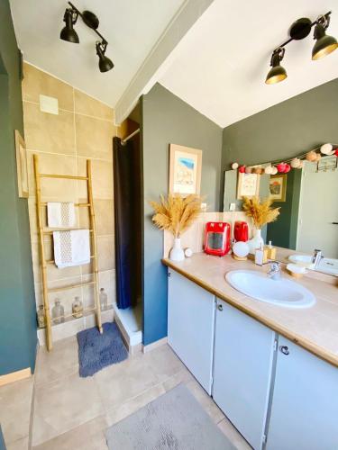 une salle de bain avec un lavabo et une douche dans l'établissement Bright, vintage-style apartment, à Marseille