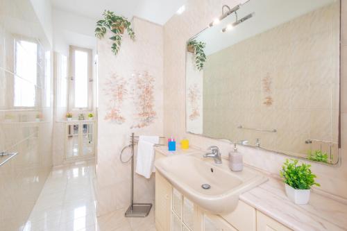 a bathroom with a sink and a shower and a mirror at Piombino Apartments Casa Regina in Piombino
