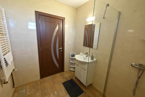 a bathroom with a shower and a sink and a door at Pensiunea Bergtal in Râşnov
