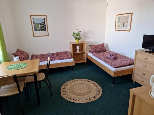 a room with two beds and a table and a desk at penzion U losa in Spořice