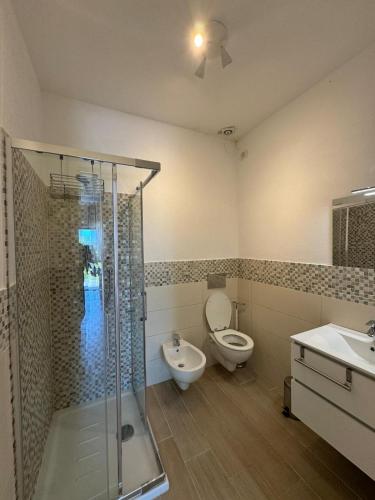 a bathroom with a shower and a toilet and a sink at Porto San Paolo Mono apartment in Porto San Paolo