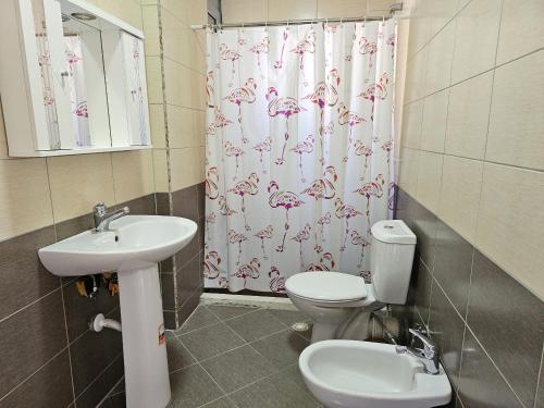 a bathroom with a toilet and a sink and a shower curtain at Apartment With Pool View In Rradhime in Vlorë