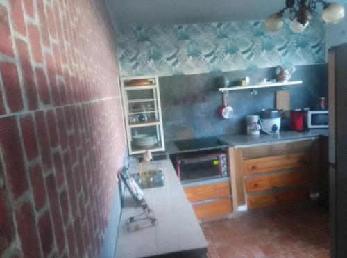 a kitchen with a brick wall and a counter top at Villa des Filaos et du lagon o6, 93 , 70 , 59 , 79 in Saint-Leu