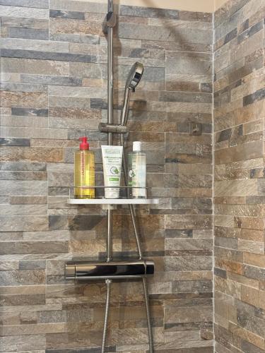 une salle de bain avec une douche avec une étagère sur un mur dans l'établissement La plaine - T1BIS- Clim, à Marseille