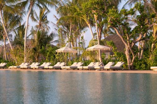 a row of lounge chairs and umbrellas next to a swimming pool at Ananea Madivaru Maldives in Toroka