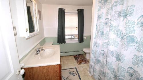 a bathroom with a sink and a toilet with a shower curtain at The Daisy Cottage- Whole House Rental in Cape May