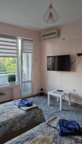 a hotel room with two beds and a tv at Apartment Medika 2 in Ruse