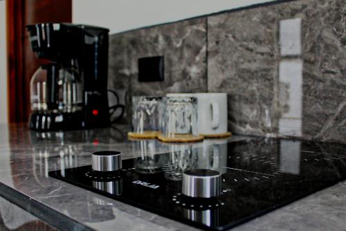 a counter with glasses and a coffee maker on it at Fortuna Tropical Loft in Fortuna