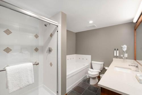 a bathroom with a shower and a toilet and a sink at Horstman House by Whistler Premier in Whistler