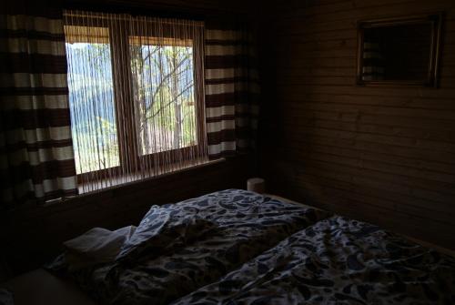 a bed in a room with two windows at Rakhiv Plai in Rakhiv