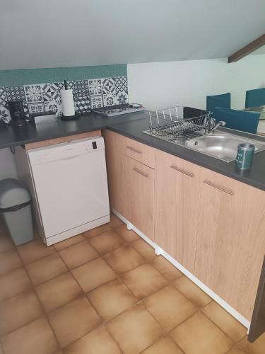 a kitchen with a sink and a dishwasher at Les deux cascades in Sainte-Eulalie