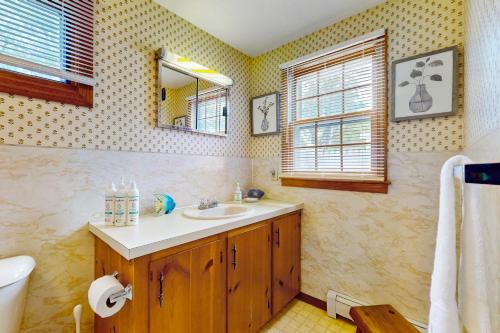 a bathroom with a sink and a mirror at Cape Beach Bungalow in Dennis Port