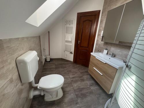 a bathroom with a toilet and a sink at Pataky Apartmanok in Veszprém
