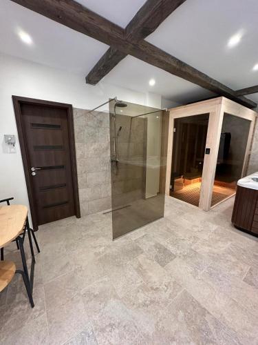 a bathroom with a shower and a wooden door at Pataky Apartmanok in Veszprém