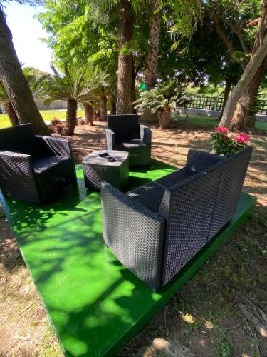 a group of chairs sitting on a green lawn at Villa Rita Guest House Torvaianica in Torvaianica