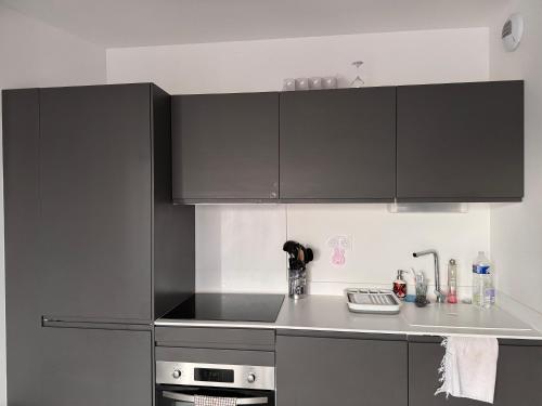 une cuisine avec des armoires noires et un comptoir dans l'établissement Appartement 6 personnes Cap d'Agde, au Cap d'Agde