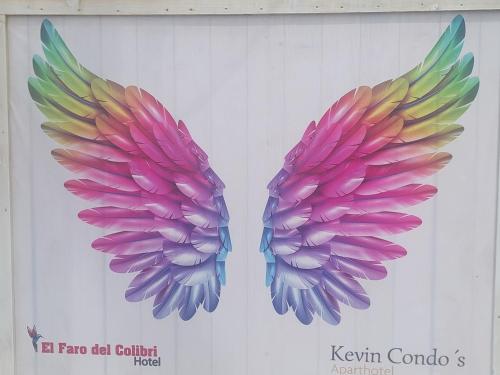 two colorful wings on a display window at Faro del Colibri in Bocas del Toro
