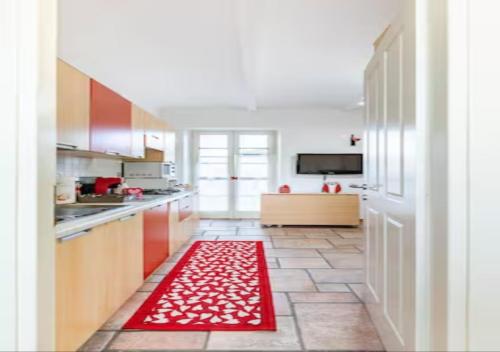 a kitchen with a red rug on the floor at La finestra dei Batù by Alterego in Villanova dʼAsti