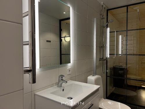 a bathroom with a sink and a toilet and a mirror at Lindvallen Ski Resort Pool and Padel - Sauna - 6 Guests in Sälen