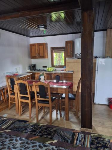 a kitchen with a table and chairs and a refrigerator at Suzanne Băile Figa- camere hotel in Beclean