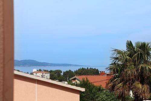 a view of the ocean from a building with a palm tree at Apartments Villa Flamingo in Makarska