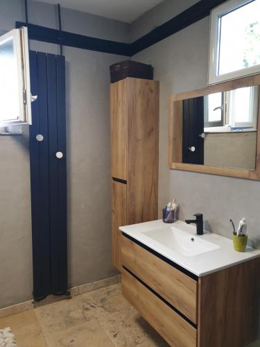 une salle de bain avec un lavabo et un miroir dans l'établissement La maison autour du figuier, à Aramon