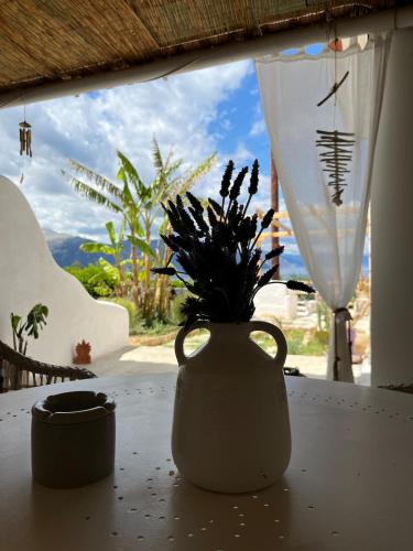 a vase with flowers sitting on a window sill at Levanda Home in Taktikoúpolis