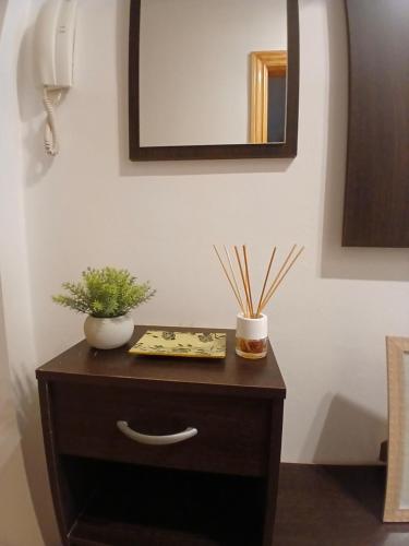 a wooden table with a mirror and a plant on it at Bonito piso de 2 habitaciones in Híjar