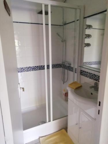 une salle de bain blanche avec une douche et un lavabo dans l'établissement Très beau T2 à100m du bord de mer, à La Ciotat