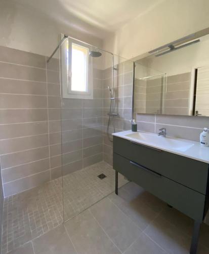 une salle de bain avec un lavabo et une douche en verre dans l'établissement T3 Rez de jardin SANARY CENTRE, à Sanary-sur-Mer
