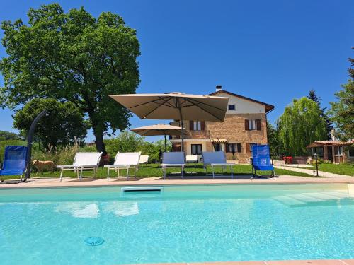 a swimming pool with chairs and an umbrella at B&B Le Scintille in San Ginesio