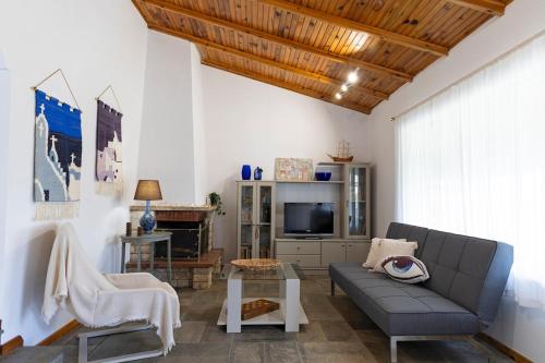 a living room with a couch and a tv at Theros, garden and sea in Mesimvría