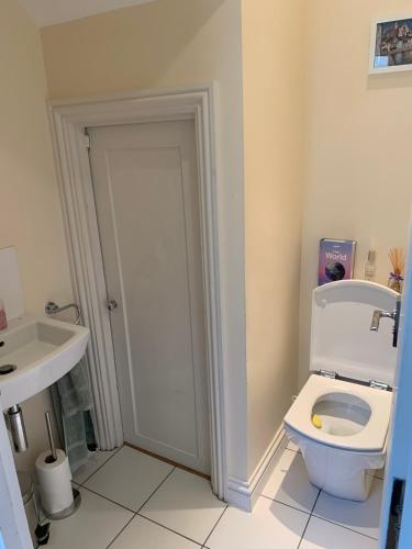 a bathroom with a toilet and a sink at Lovely riverside cottage, Weybridge, Surrey in Weybridge