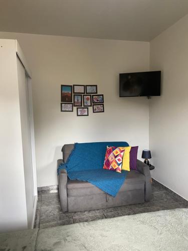 a living room with a couch and a television on a wall at Apartamento cachoeira in Florianópolis