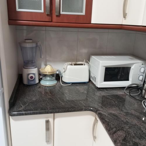 a kitchen counter with a toaster and a microwave at Casamapi in O Pindo